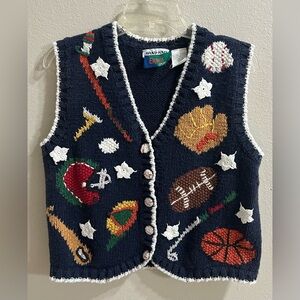 Vintage Erika Hand Knit Sweater Vest Sz L Quirky Sports Teacher Librarian School